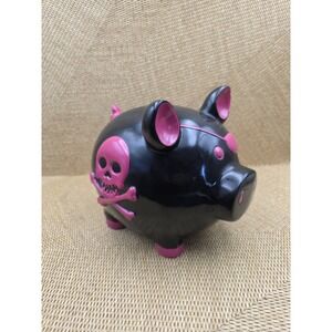 King Max Skull & Cross Bones Pirate Skeleton Themed Piggy Bank Tip Jar Pink Blck